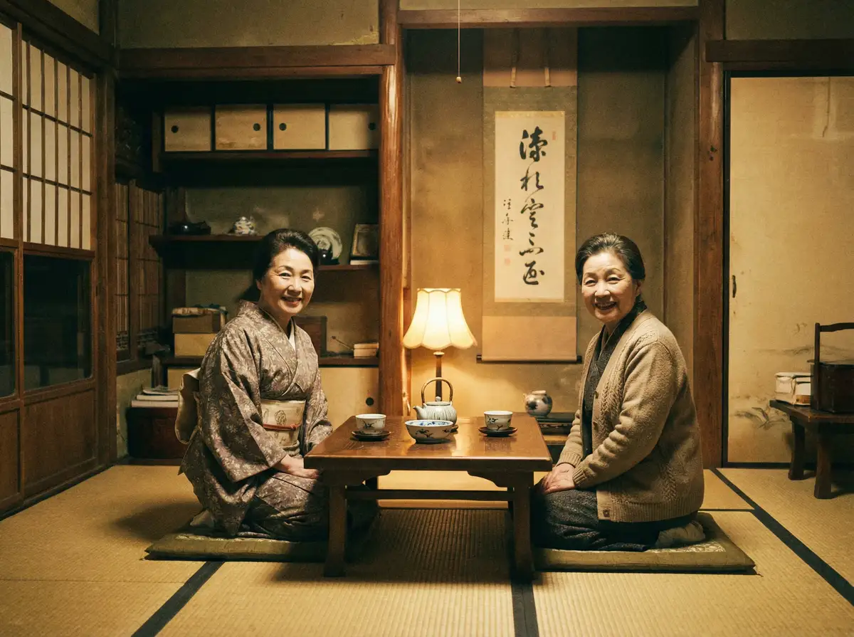 两位优雅的 十二生肖在线 在日式茶室中品茶交谈